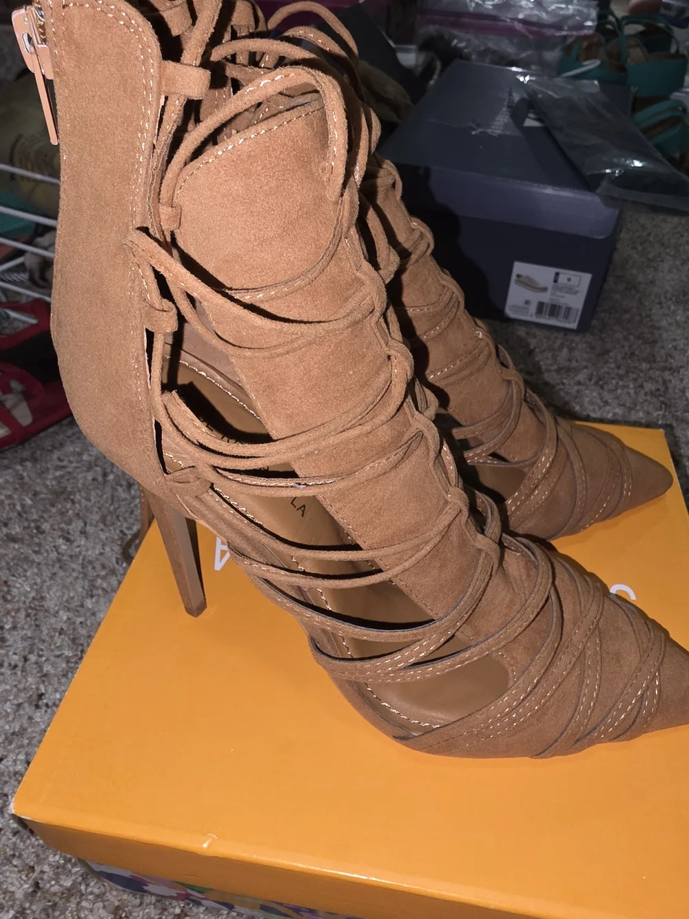 Shoe Republic LA Women's Tan Lace-Up Pointed Toe Heels